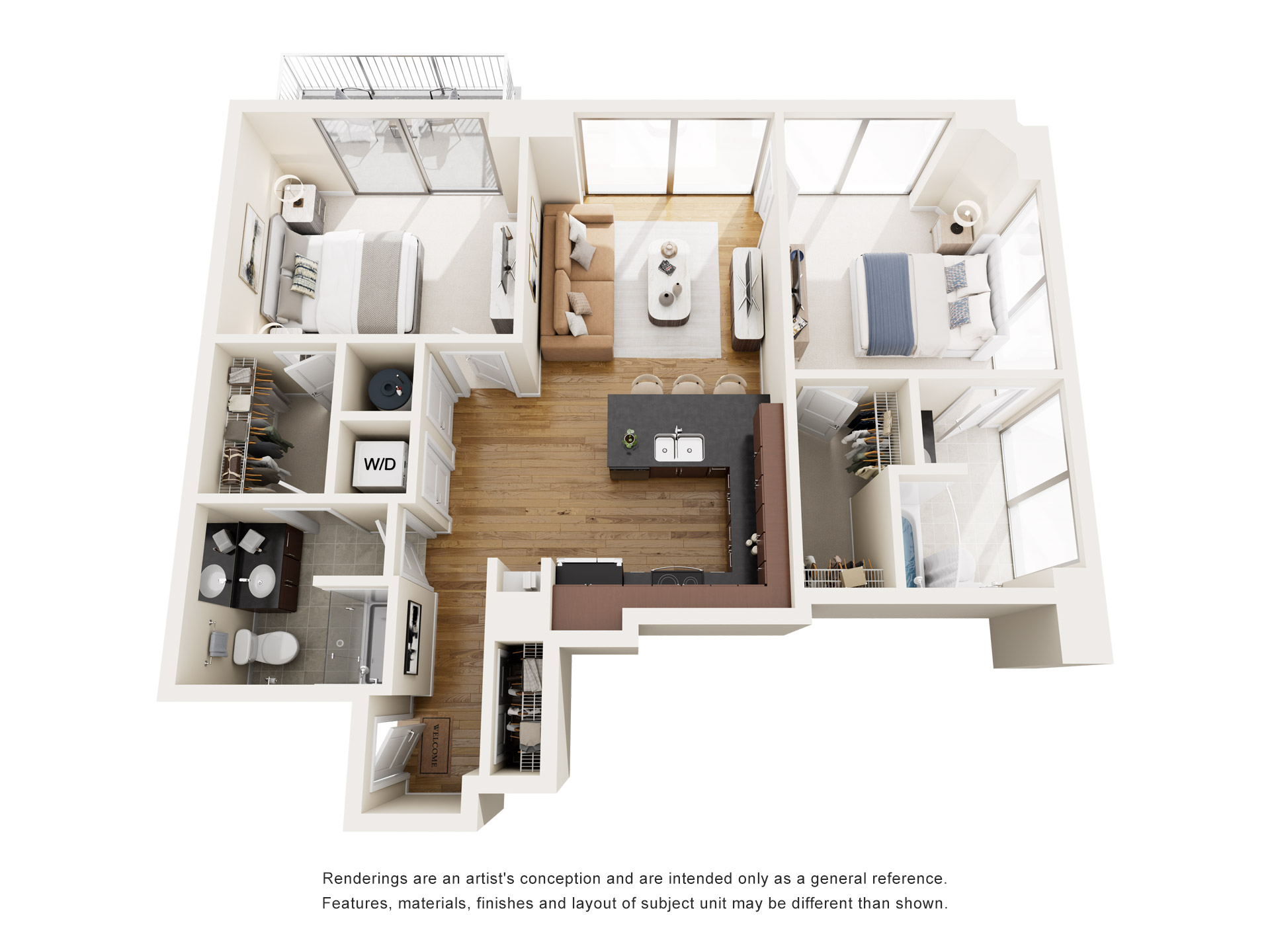 Floor plan for 2 beds, 2 baths, 988 sqft